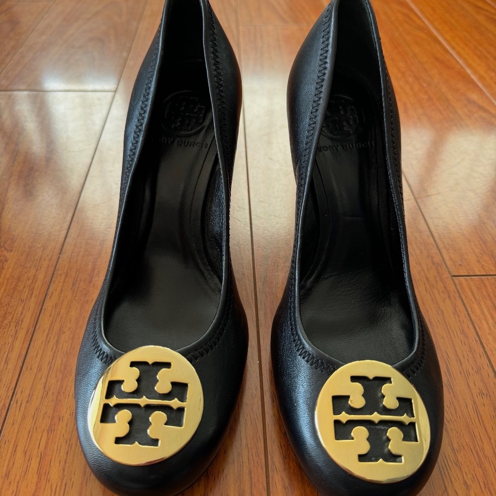 New - Tory Burch black leather wedge heels